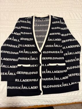 Karl Lagerfeld Black and White Logo Cardigan with Contrast Trim